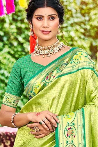 green silk blend woven work traditional saree
