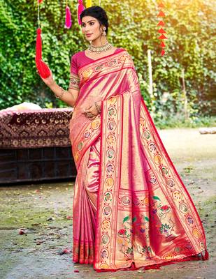 pink silk blend woven work traditional saree 1