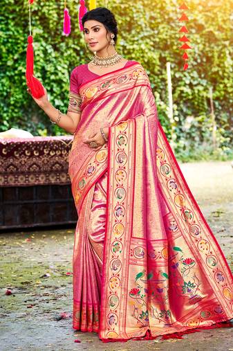 pink silk blend woven work traditional saree