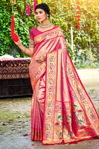 pink silk blend woven work traditional saree