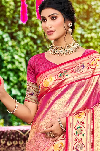 pink silk blend woven work traditional saree