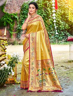yellow silk blend woven work traditional saree 1