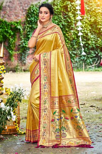 yellow silk blend woven work traditional saree