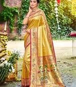 yellow silk blend woven work traditional saree