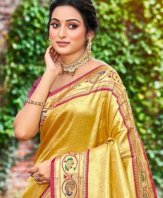 yellow silk blend woven work traditional saree 2