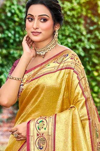 yellow silk blend woven work traditional saree