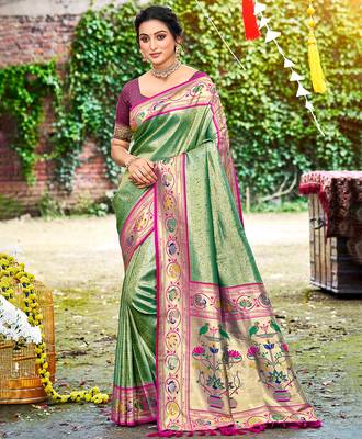 dark green silk blend woven work traditional saree 1