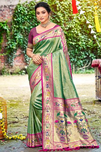 dark green silk blend woven work traditional saree