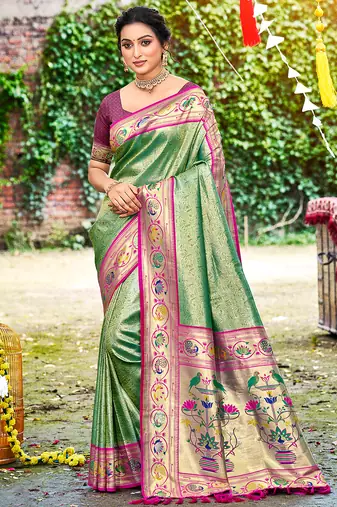 dark green silk blend woven work traditional saree