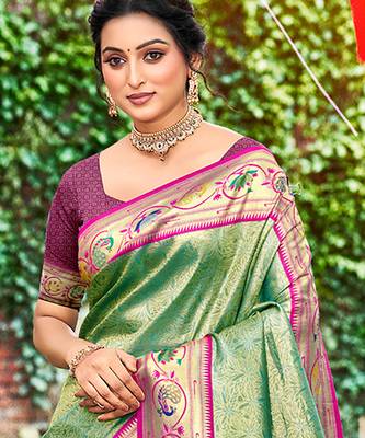 dark green silk blend woven work traditional saree 2