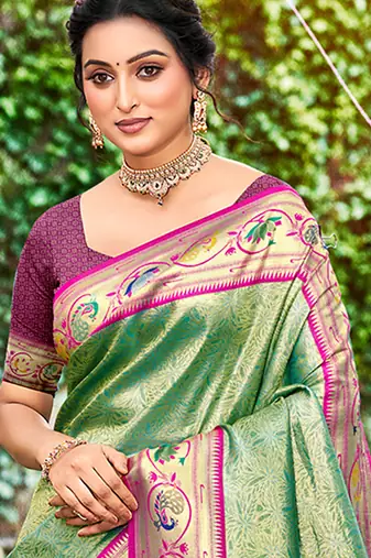 dark green silk blend woven work traditional saree