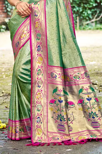 dark green silk blend woven work traditional saree