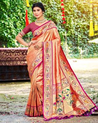 orange silk blend woven work traditional saree 1