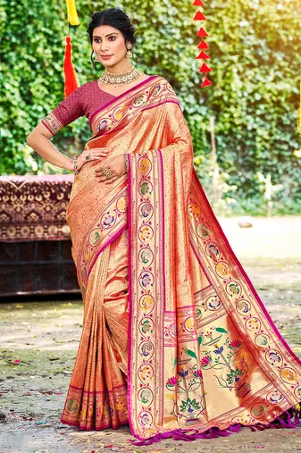 orange silk blend woven work traditional saree