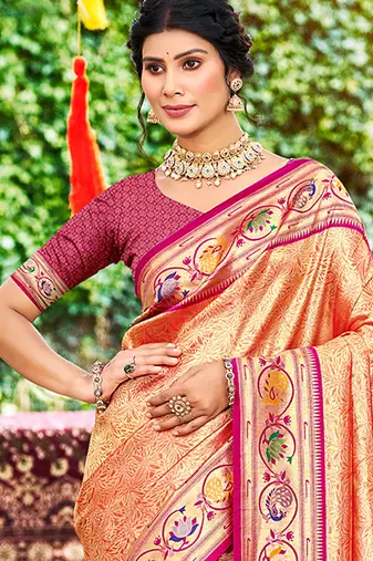 orange silk blend woven work traditional saree
