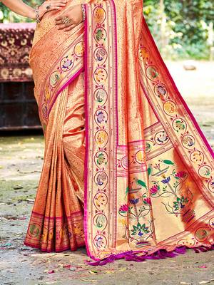 orange silk blend woven work traditional saree 3