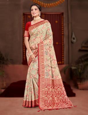 cream cottan silk blend with meena woven work traditional saree 1