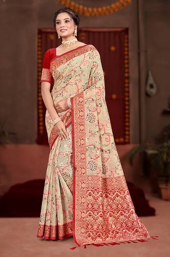 cream cottan silk blend with meena woven work traditional saree