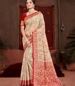 cream cottan silk blend with meena woven work traditional saree