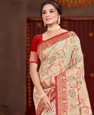 cream cottan silk blend with meena woven work traditional saree 2