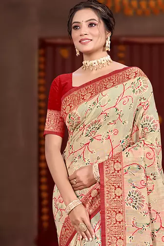 cream cottan silk blend with meena woven work traditional saree