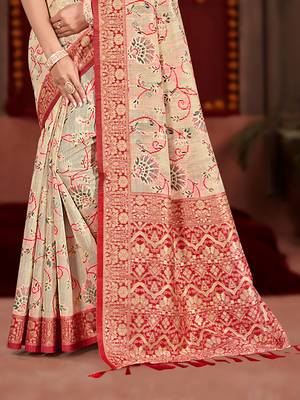 cream cottan silk blend with meena woven work traditional saree 3