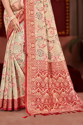 cream cottan silk blend with meena woven work traditional saree