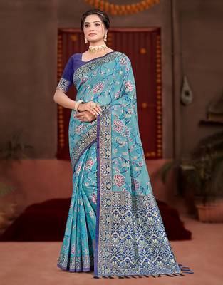 sky blue cottan silk blend with meena woven work traditional saree 1