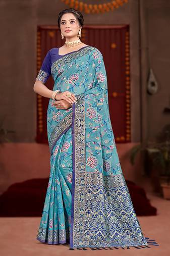 sky blue cottan silk blend with meena woven work traditional saree