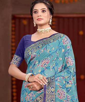 sky blue cottan silk blend with meena woven work traditional saree 2
