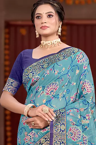 sky blue cottan silk blend with meena woven work traditional saree