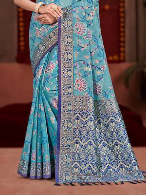 sky blue cottan silk blend with meena woven work traditional saree 3