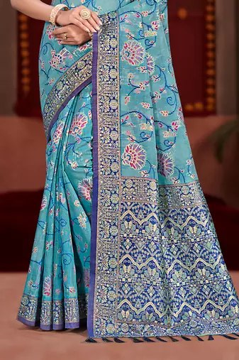 sky blue cottan silk blend with meena woven work traditional saree
