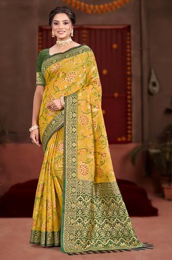 yellow cottan silk blend with meena woven work traditional saree