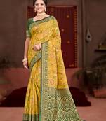 yellow cottan silk blend with meena woven work traditional saree