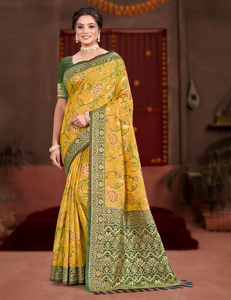 yellow cottan silk blend with meena woven work traditional saree