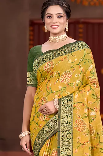 yellow cottan silk blend with meena woven work traditional saree