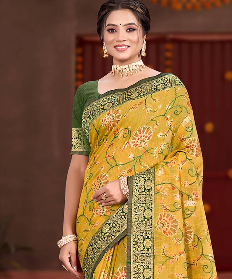 yellow cottan silk blend with meena woven work traditional saree