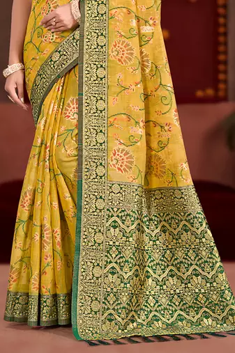 yellow cottan silk blend with meena woven work traditional saree