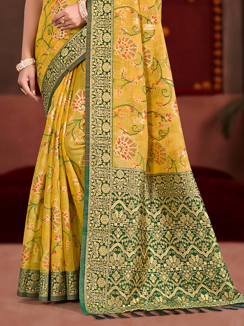 yellow cottan silk blend with meena woven work traditional saree