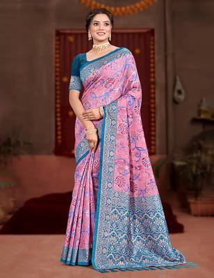 pink cottan silk blend with meena woven work traditional saree 1