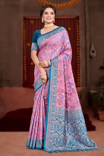 pink cottan silk blend with meena woven work traditional saree