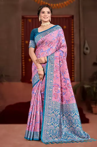 pink cottan silk blend with meena woven work traditional saree