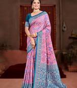 pink cottan silk blend with meena woven work traditional saree