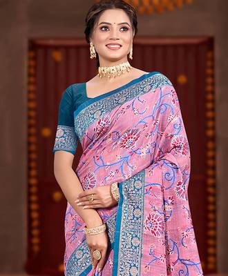 pink cottan silk blend with meena woven work traditional saree 2