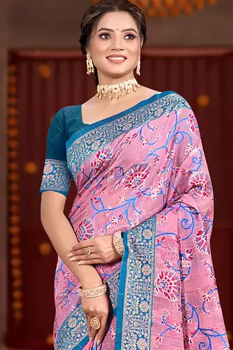 pink cottan silk blend with meena woven work traditional saree