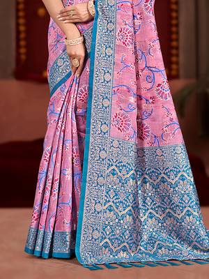 pink cottan silk blend with meena woven work traditional saree 3