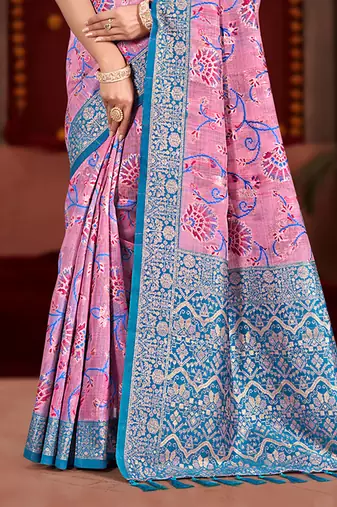 pink cottan silk blend with meena woven work traditional saree