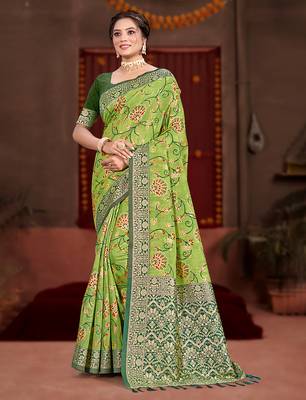 green cottan silk blend with meena woven work traditional saree 1