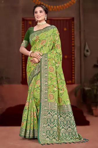 green cottan silk blend with meena woven work traditional saree